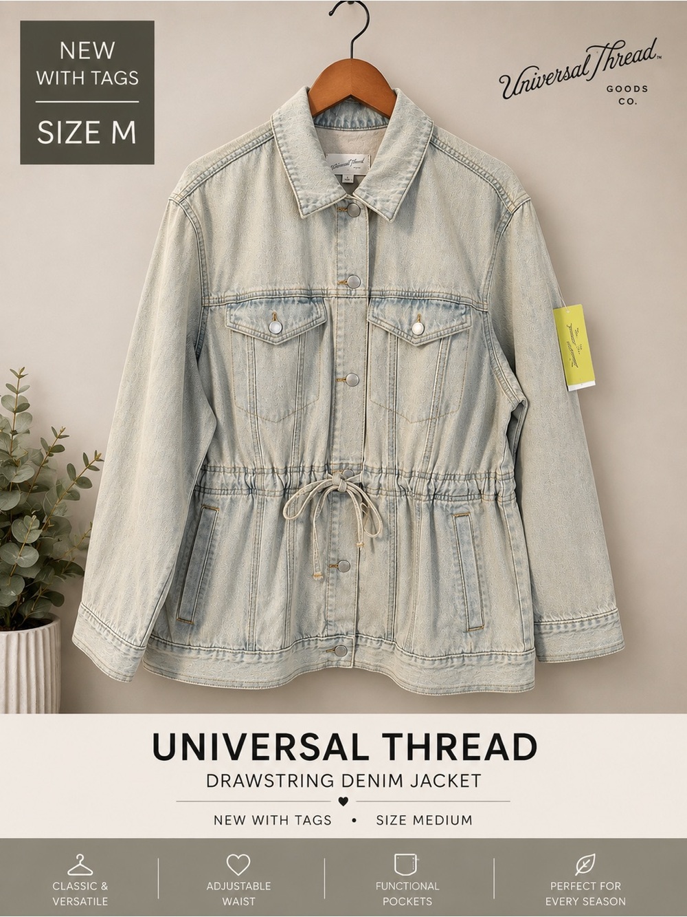 Universal Thread Light Wash Drawstring Denim Jacket – Size Medium - Picture 2 of 2